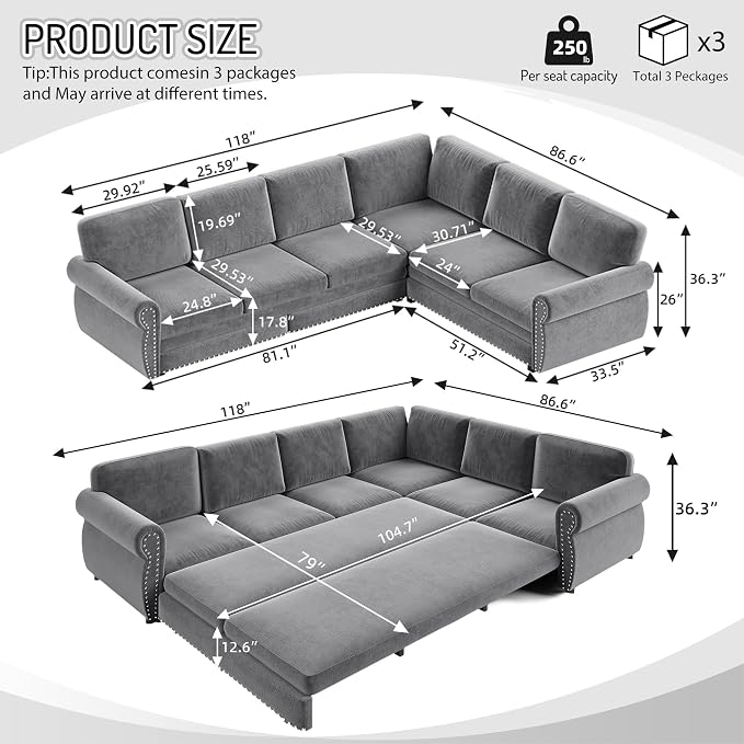 118" L-Shaped Sleeper Couch Bed - Image 2