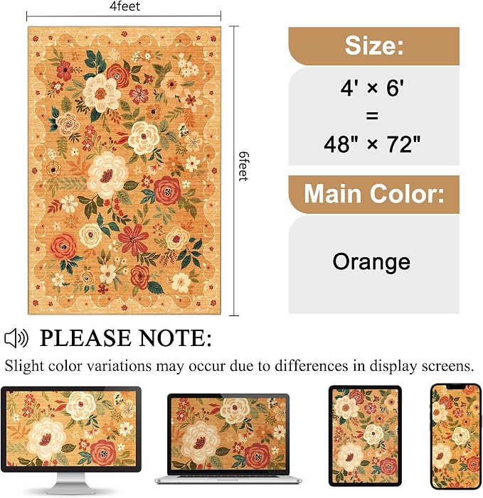 DUKINO 4x6 Area Rug, Floral Washable Rug Non Slip Office Chair Mat, Stain - Image 2