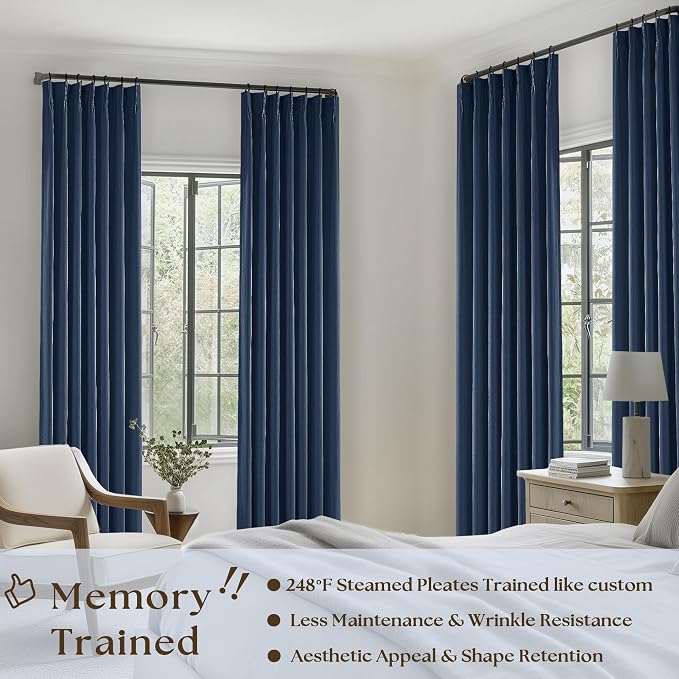 Navy Blue 100% Blackout Pinch Pleated Linen 63 Inch Curtains - Image 2