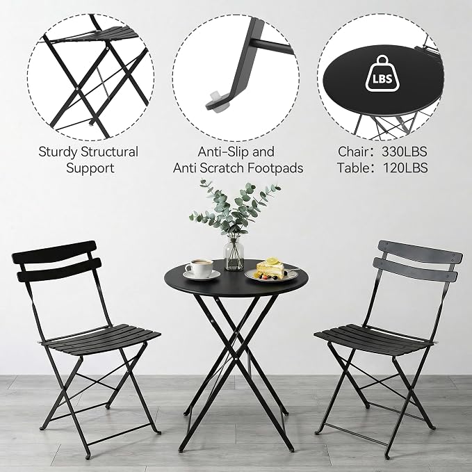 GarveeLife 3 Piece Patio Bistro Set, Folding Patio Bistro Table and Chairs Set - Image 6