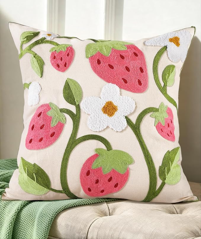 Embroidered Throw Pillow Cover 18x18 Inch, Branch Strawberry | Decorative by Kokaaee