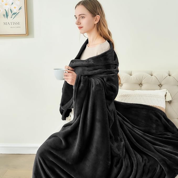 BEDELITE Fleece Blanket Soft Plush Queen Size Bed Blanket Black 90"x90" | Ultra - Image 8