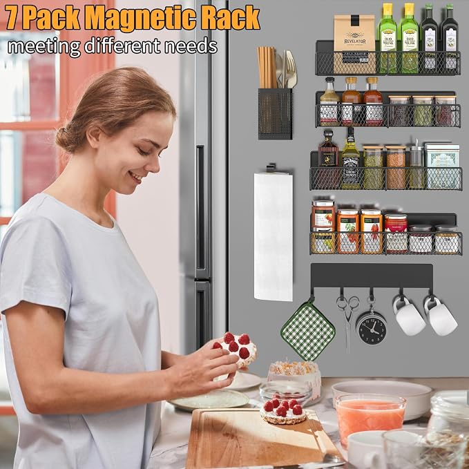 DTUQYX Magnetic Spice Rack for Refrigerator, 7 Pack Metal Shelf Black, Moveable - Image 5