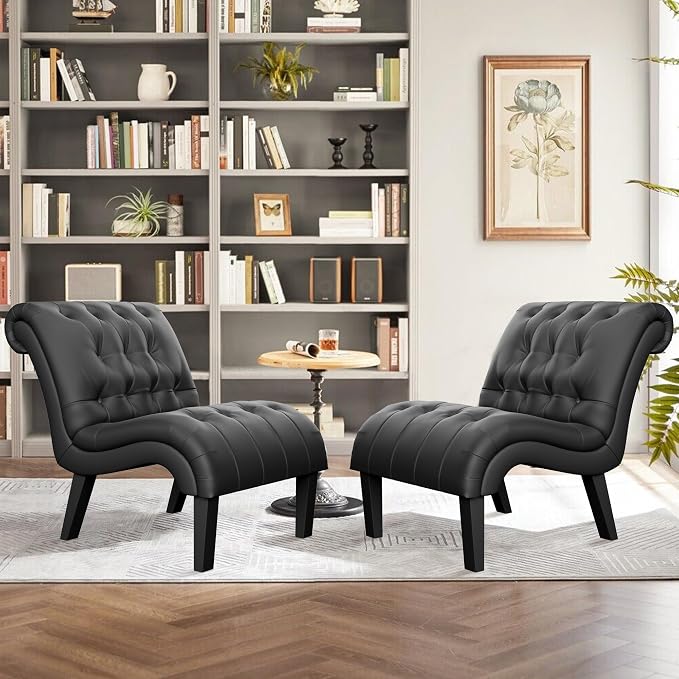 Black Faux Leather Accent Chair Modern Button Tufted Upholstered Armless Chair - Image 6