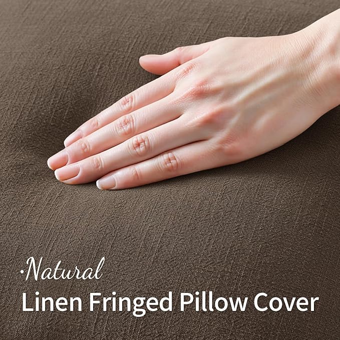 MIULEE Linen Fringe Decorative Euro Pillow Covers Chocolate Brown 22x22 | Set - Image 2