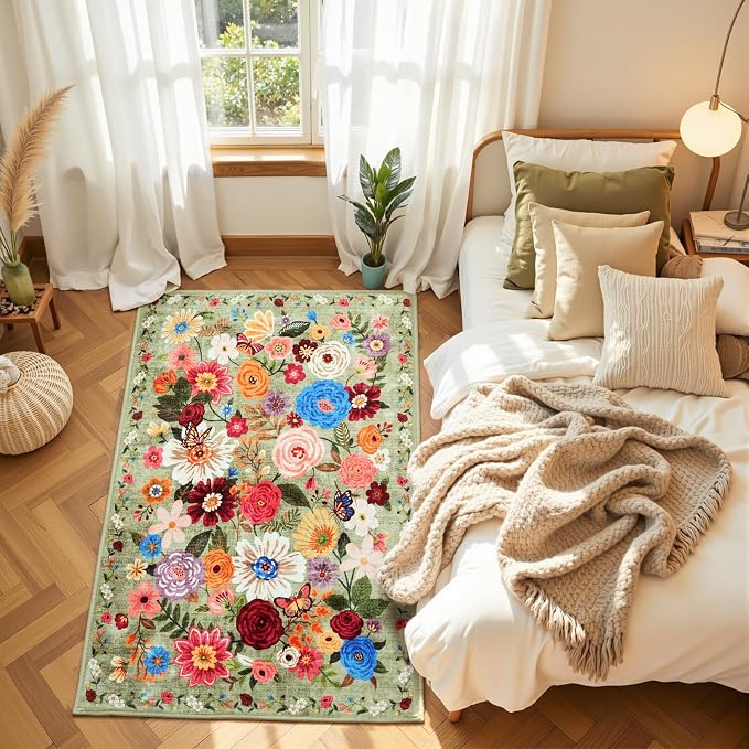 Green Floral Area Rug 3x5 for Bedroom Entryway | Ultra-Thin Non Slip Machine - Image 2