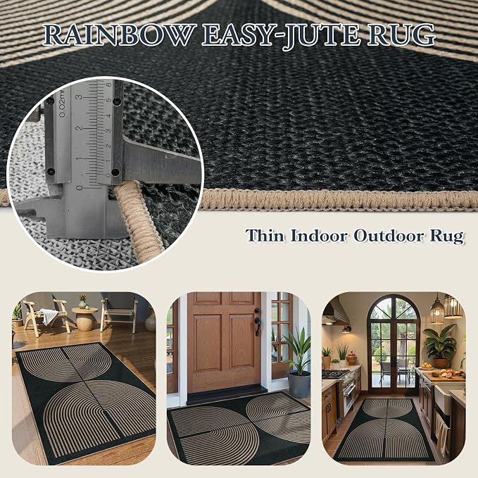Lahome Modern Rainbow Easy Jute Outdoor Patio Rug, 3x5 Black Office Rug | - Image 4