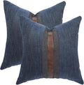 Set of 2 Leather Throw Pillow Covers Cotton Linen Decor Patchwork Pillow Cover by BOYSUM