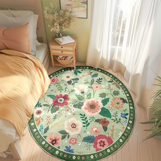 RELEANY Floral Washable Round 6ft Area Rug LightGreen | Flower Carpet Print - Image 8