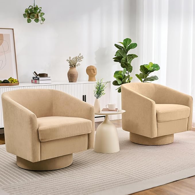 Swivel Barrel Accent Chairs Set of 2, Round Chenille Fabric Living Room Arm - Image 7
