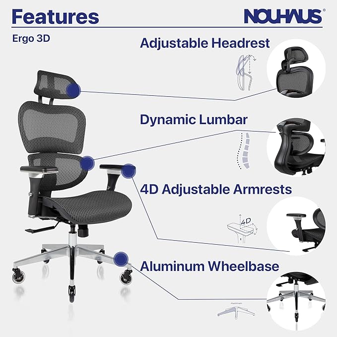 Nouhaus Ergo3D Ergonomic Office Chair Lumbar Support Mesh Office Chair - Image 3