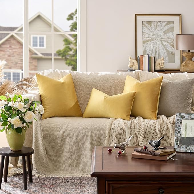 GIGIZAZA Yellow Velvet Pillow Covers 22x22 Decorative Pillows Pack of 2 | Throw - Image 2