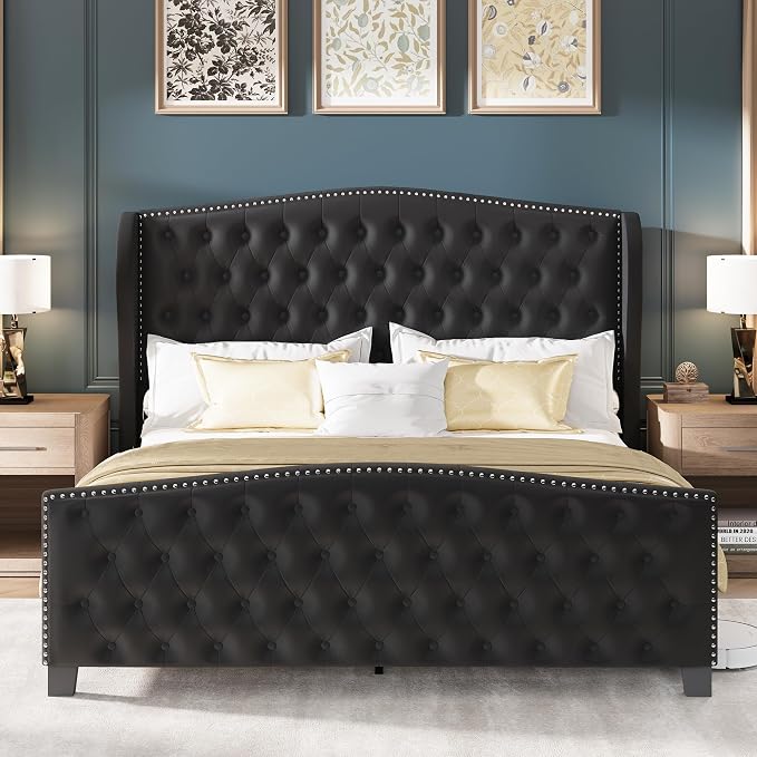LARMACE King Size Bed Frame Velvet Upholstered Platform Bed - Image 7