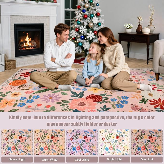 PLHXFR 8x10 Area Rug Living Room: Floral Washable Boho Soft Carpet Beige | - Image 9