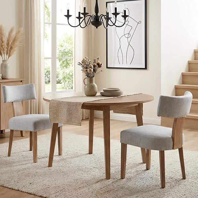 HNY Mid Century Modern Dining Chairs, Farmhouse Linen Fabric Upholstered Accent by HNY