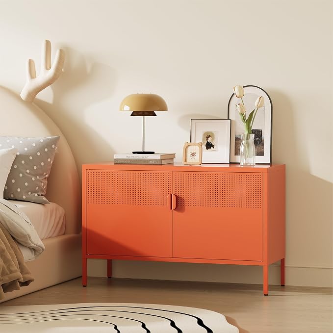 Orange Metal Storage Cabinet, 2 Door TV Stand, Metal Mesh Accent Cabinet - Image 6