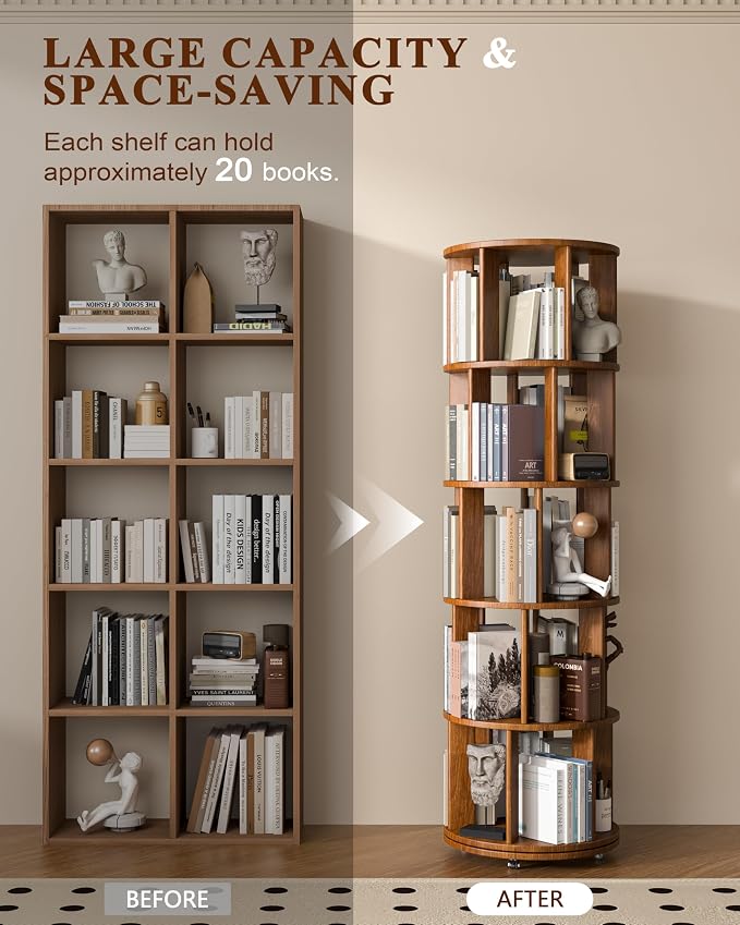 5-Tier Solid Wood Rotating Bookshelf on Wheels, 360° Spinning Book Shelf Tower - Image 3