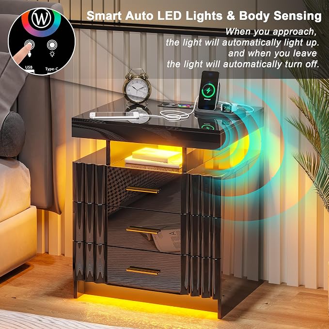 HNEBC LED Nightstand, Smart Bedside Table has Auto Sensor, High Gloss Night - Image 4
