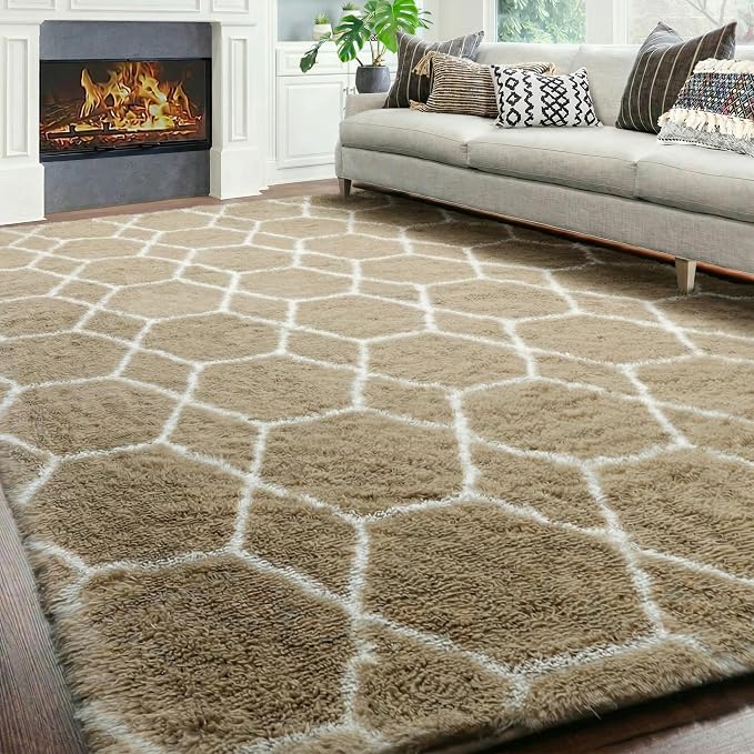 6x9 Area Rugs for Living Room Bedroom, Fluffy Beige and White Geometric Rug | - Image 5