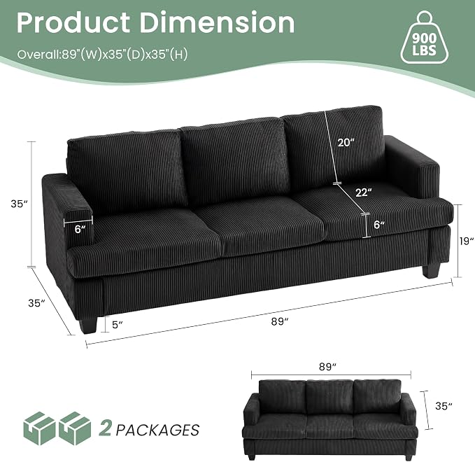 3 Pieces Corduroy Couch Set for Living Room, 7 Seats Cloud Sofa, Deep Seat - Image 3