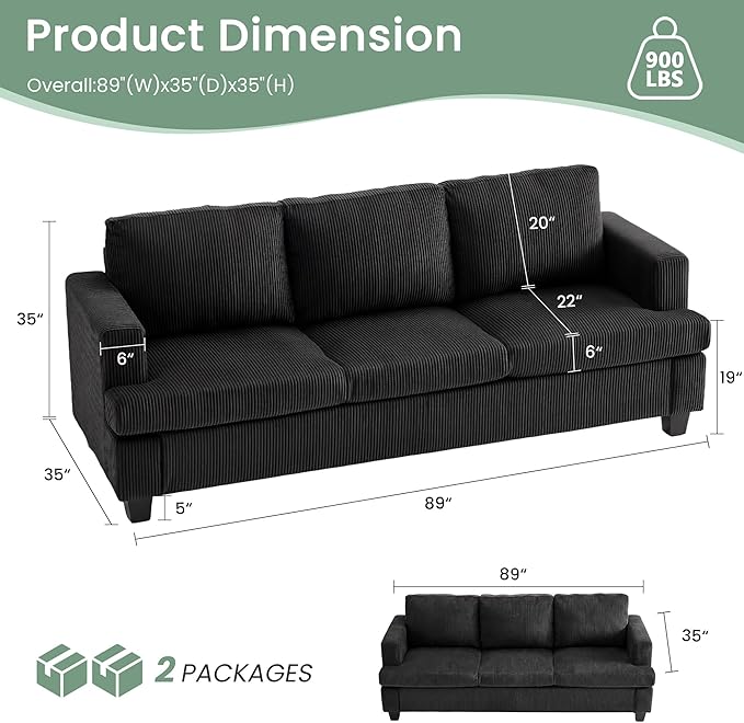 3 Seater Corduroy Couch for Living Room, 89” Black Cloud Sofa, Deep Seat Floor - Image 2