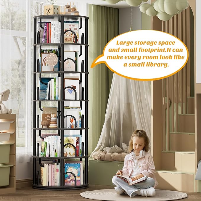 Aheaplus 6 Tier Rotating Bookshelf Tower, Revolving Bookcase, 360° Round - Image 3
