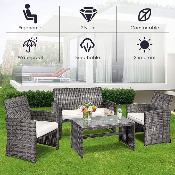 Tangkula 4 PCS Wicker Patio Conversation Set, Outdoor Rattan Sofas - Image 4