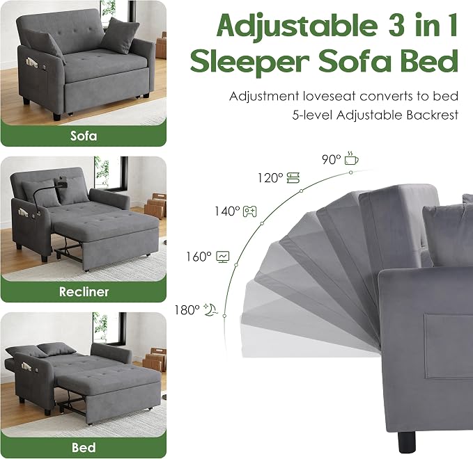 Sleeper Sofa Bed, 3 in 1 Convertible Sleeper Couch Bed Pull Out, Small Loveseat - Image 4