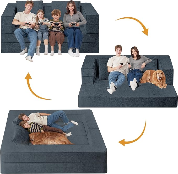 Folding Bean Bag Chair for Adults, 3-in-1 Bean Bag Couch Faux Fur Floor Sofa - Image 4