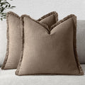 MIULEE Linen Fringe Decorative Fall Throw Pillow Covers Cocoa Brown 16x16 | Set by MIULEE