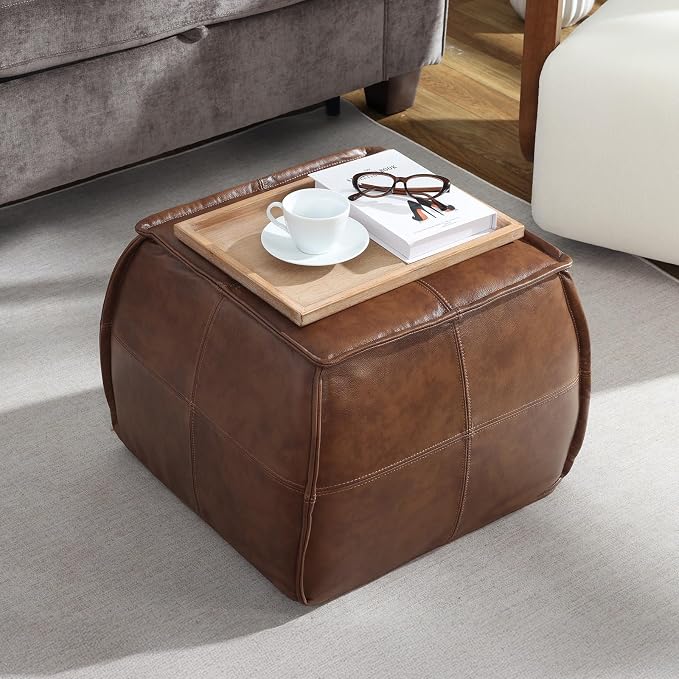 Leather Ottoman, Handmade Stuffed Square Ottoman, Genuine Leather Pouf - Image 3