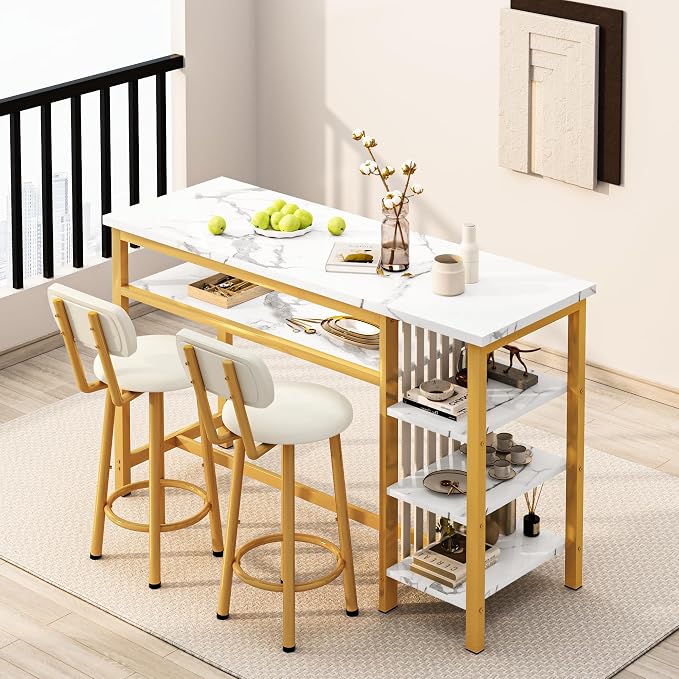 AWQM 3-Piece Bar Table and Chairs Set, Modern White Faux Marble Table - Image 2