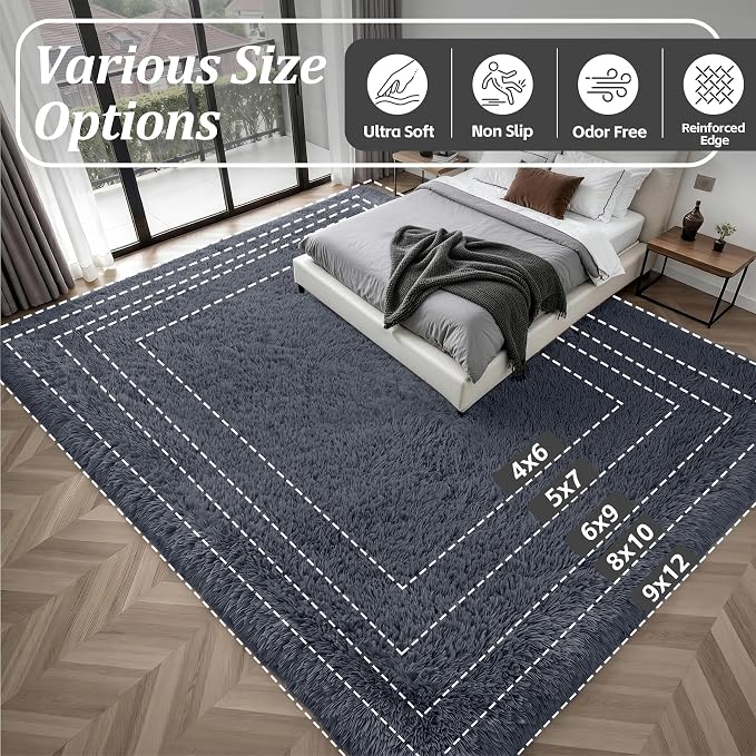 Area Rug Living Room Bedroom: 6x9 Fluffy Plush Shag Carpet Grey | - Image 9