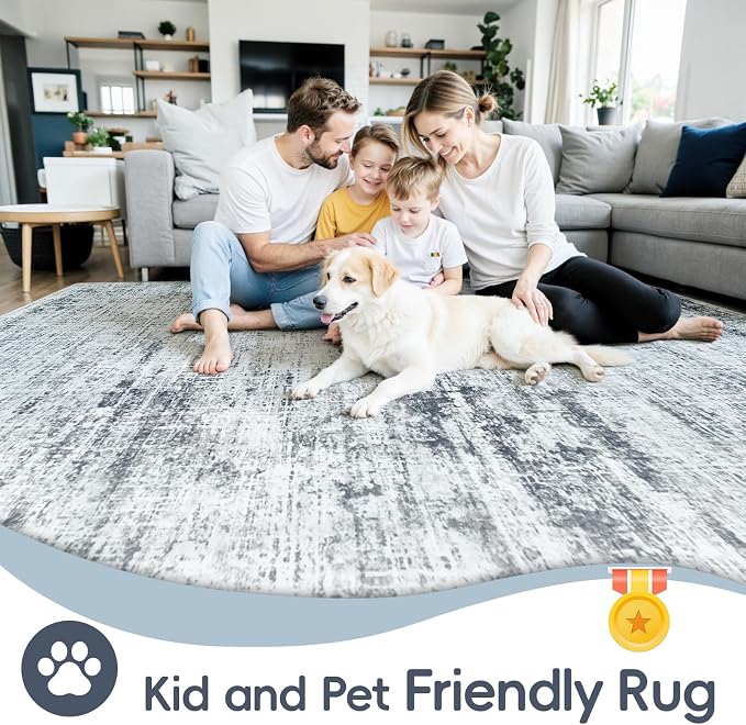 9x12 Washable Area Rug for Living Room Bedroom: Non-Slip Modern Black Grey | - Image 4