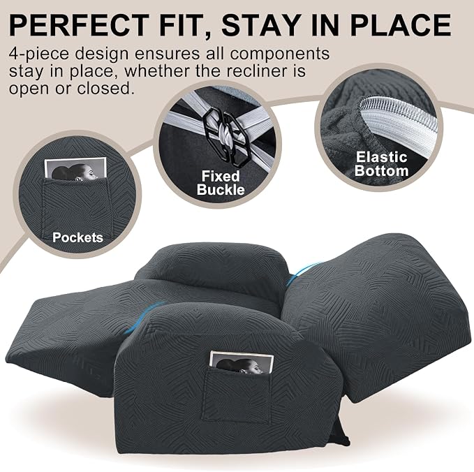 Oversized Recliner Chair Covers, 4-Piece Stretch Geometric Strokes Jacquard - Image 4