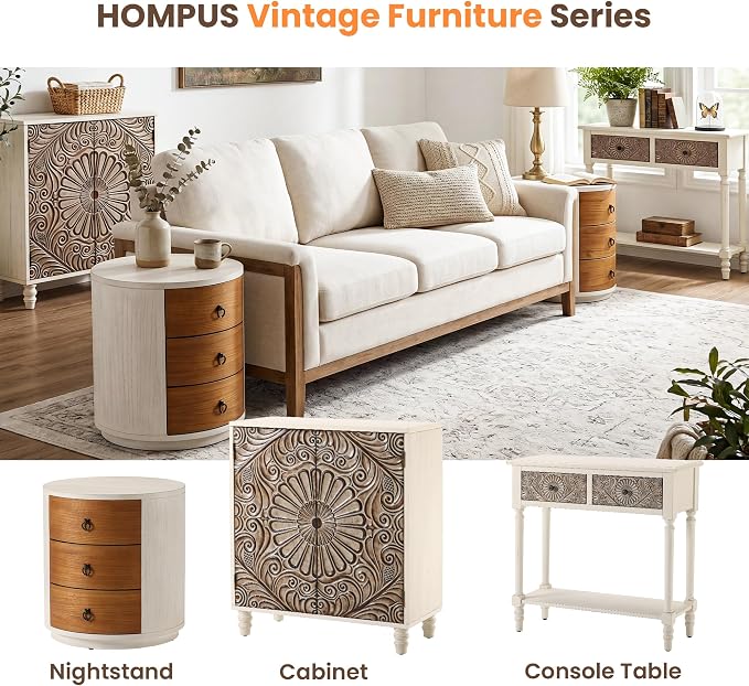 HOMPUS Round 3 Drawer Nightstand Set 2, Farmhouse Chest of Drawers, No Assemble - Image 7