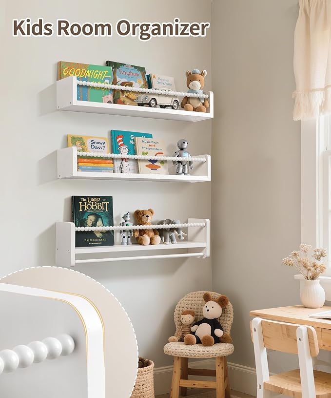 Maxpeuvon 23 Inch Kids Bookshelves Set of 3, Natural Wooden Floating Shelves - Image 5