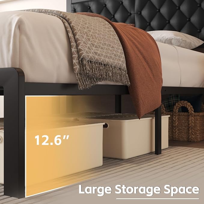 Fluest Queen Bed Frame with Headboard PU Leather Upholstered Bed Frame Platform - Image 5