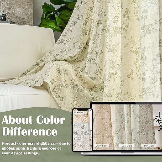 Green Vintage Floral Linen Curtains Farmhouse 50W X 63L 2 Panels | Elisa Series - Image 6