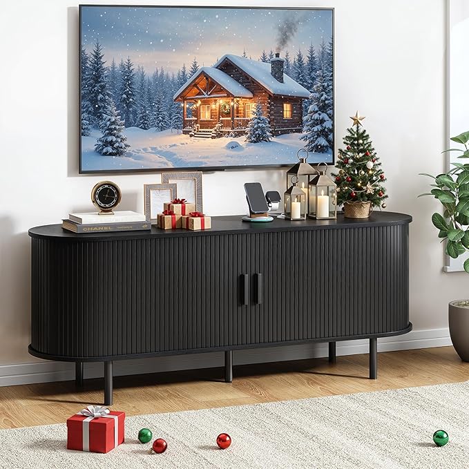 55" TV Stand with Power Outlet, Modern Media Console with Sliding Doors by ComfyCorner