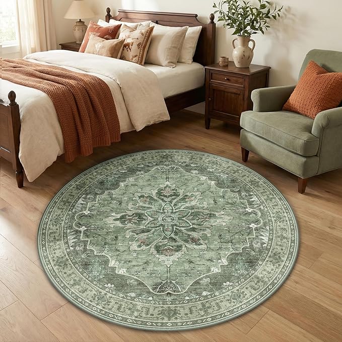 RELEANY Washable Area Rug, Round 4ft, Water Repellent, Pet Friendly, Vintage by RELEANY