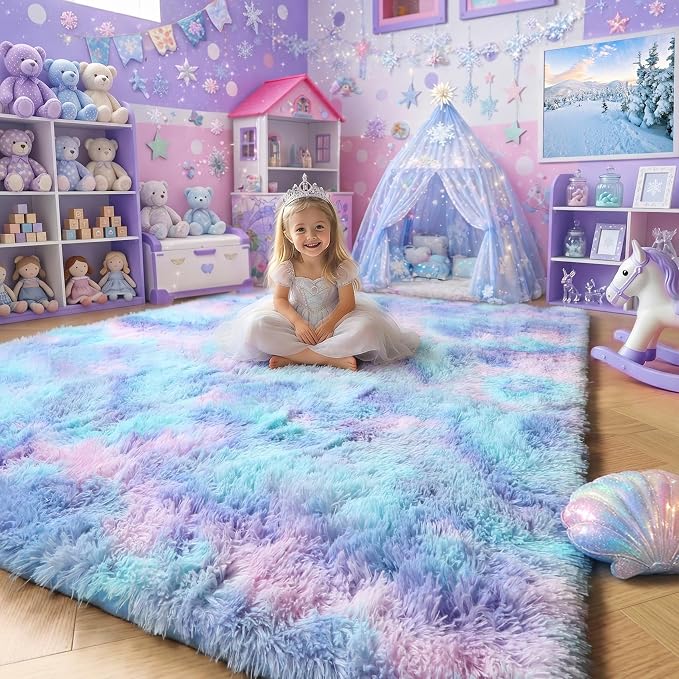 Amdrebio Purple Rainbow Mermaid Large Fuzzy Kids Rug 8x10 - Image 3