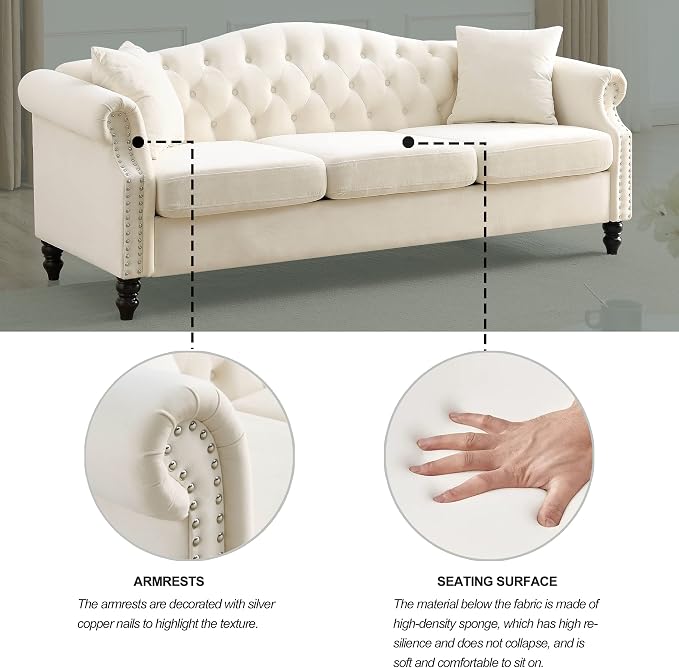 2 Piece Beige Velvet Chesterfield Sofa Set - Image 6