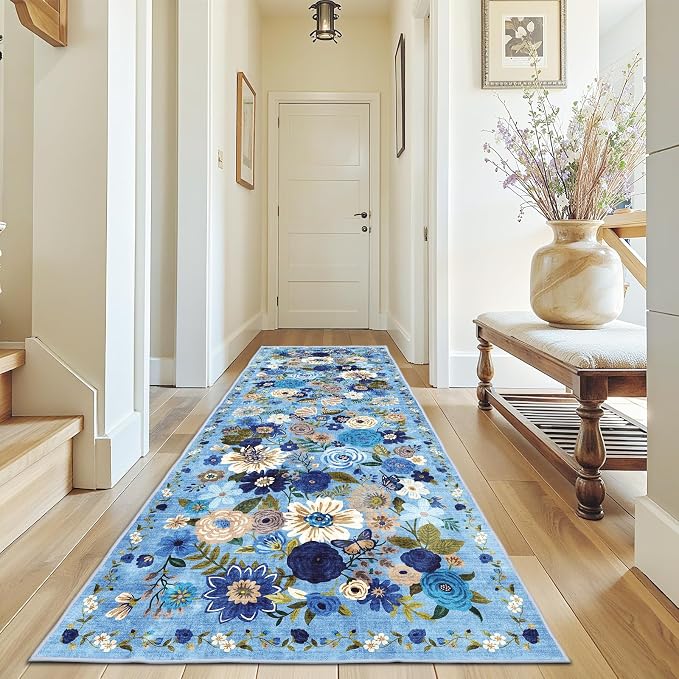 Blue Floral Hallway Runner Rug 3x7 by WelcometoBabovid