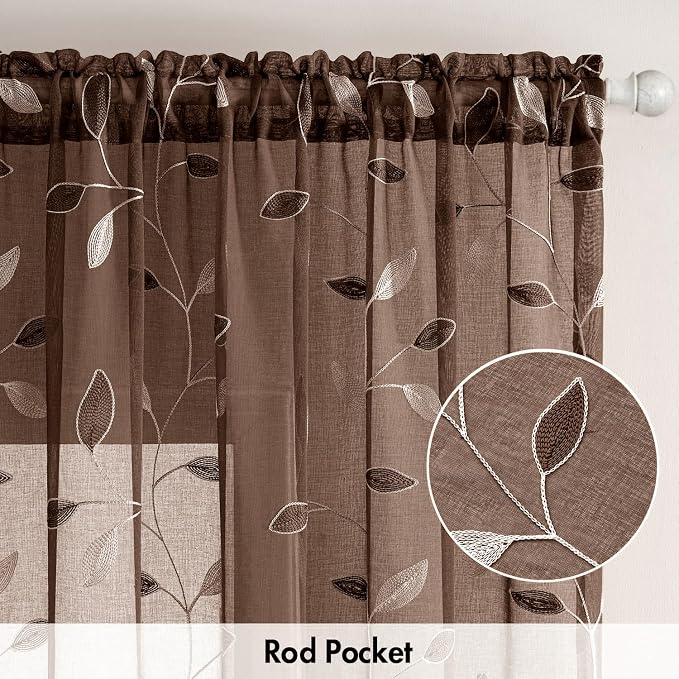 MIULEE Chocolate Brown Sheer Curtains 2 Panels Leaf Patterned, W52 x L63 | - Image 6
