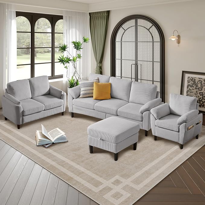 4 Piece Modern Corduroy Sofa Set, L-Shaped Sectional Couch - Image 4