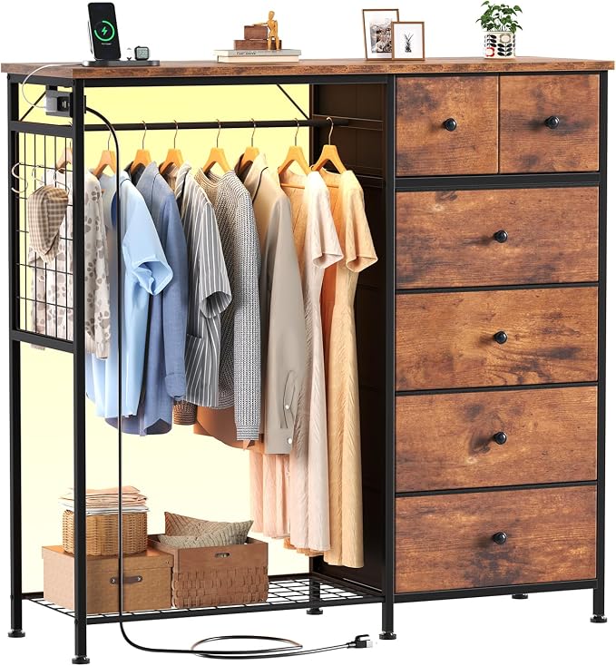 DUMOS Dresser for Bedroom with Hanging Rack, 6 Drawer Fabric Dresser with by DumosLifestyle
