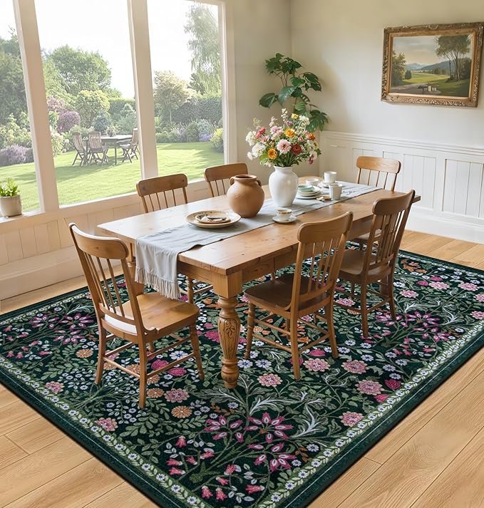 PLHXFR 8x10 Area Rug Living Room: Floral Washable Boho Carpet Dark Green | - Image 4