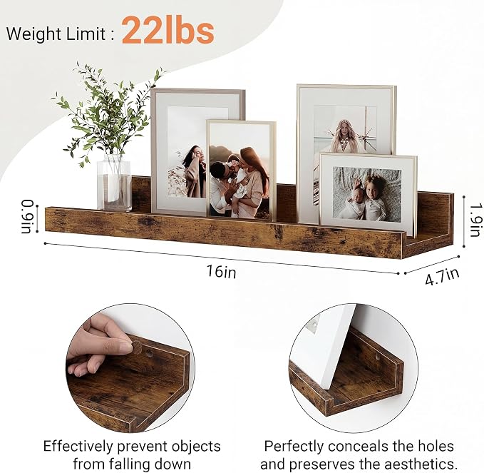 Floating Shelves for Wall, 16 inch Wood Floating Shelves Set of 2, Picture - Image 3