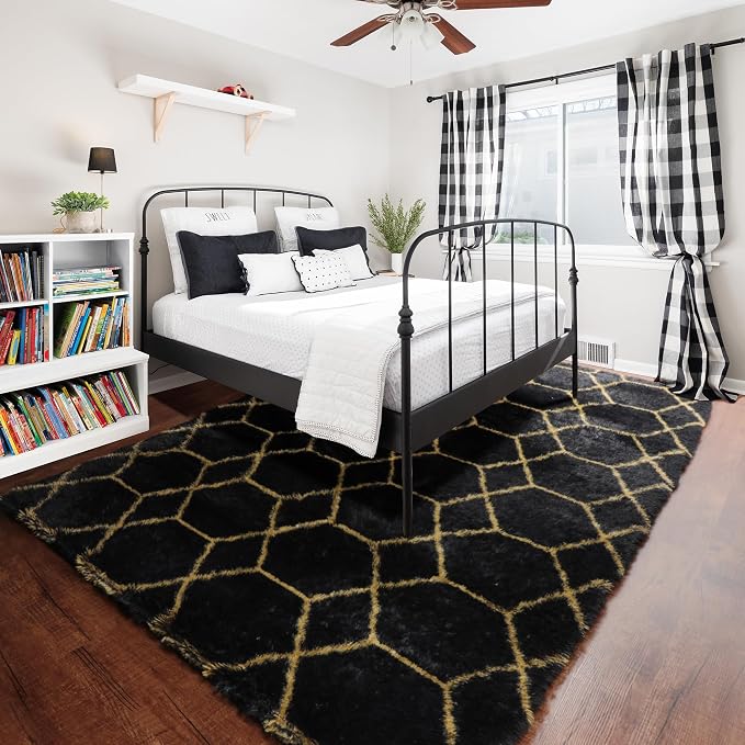6x9 Area Rugs for Living Room Bedroom, Fluffy Black and Gold Geometric Rug | - Image 6